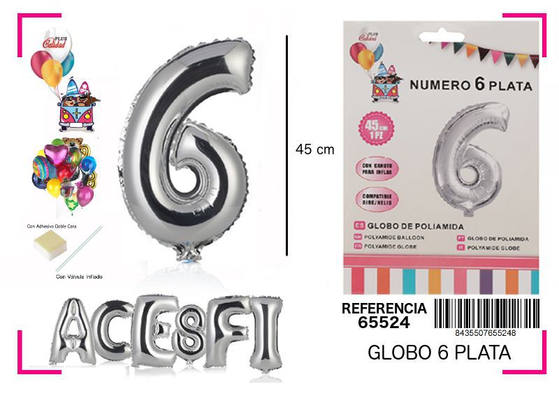 Globo mylar número 6 plata 45cm para fiestas y celebraciones