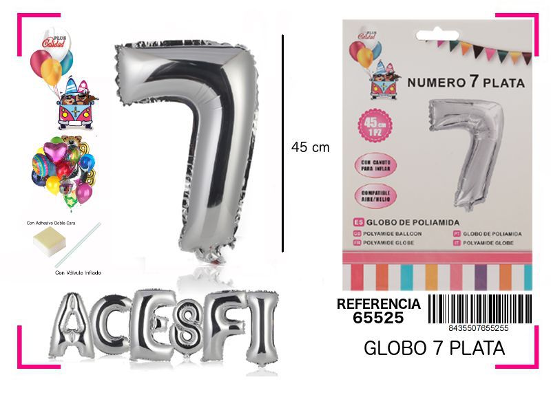 Globo mylar número 7 plata 45cm para fiestas