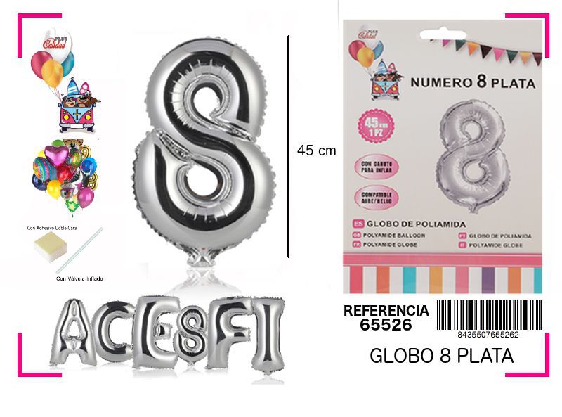 Globo mylar número 8 plata 45cm para fiestas