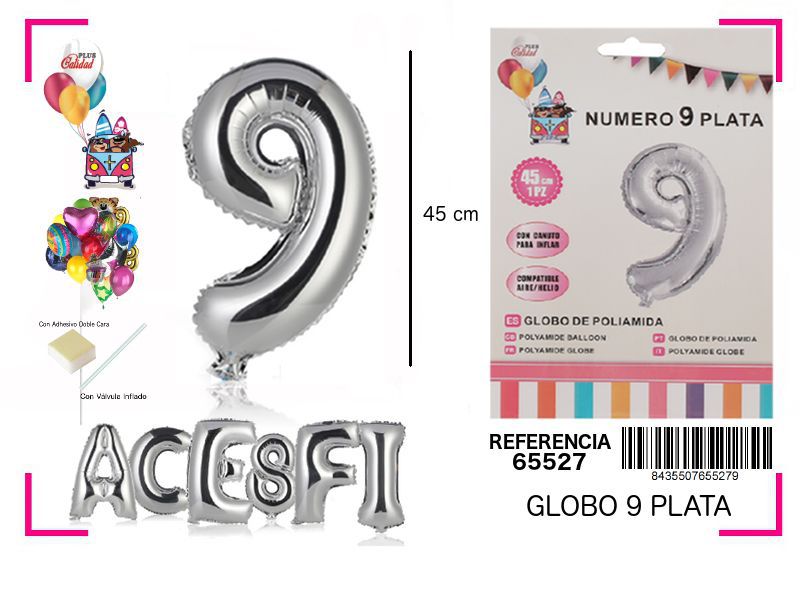 Globo Mylar número 9 plata 45cm para fiestas y aniversarios