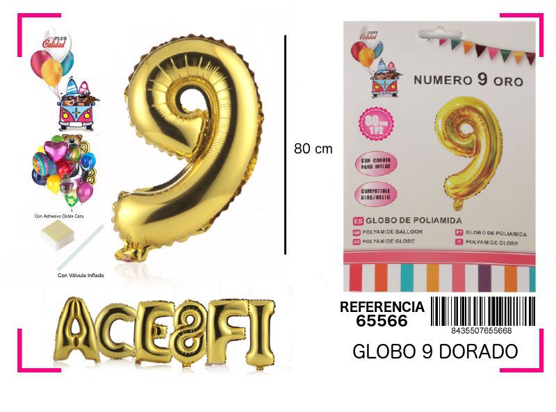 Globo mylar número 9 oro 80cm para fiestas y celebraciones