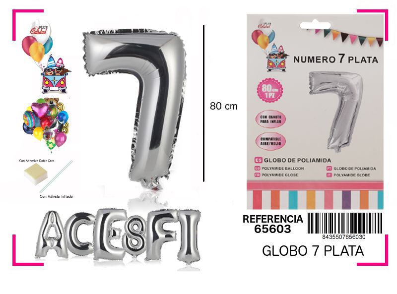 Globo mylar número 7 plata 80cm para fiestas