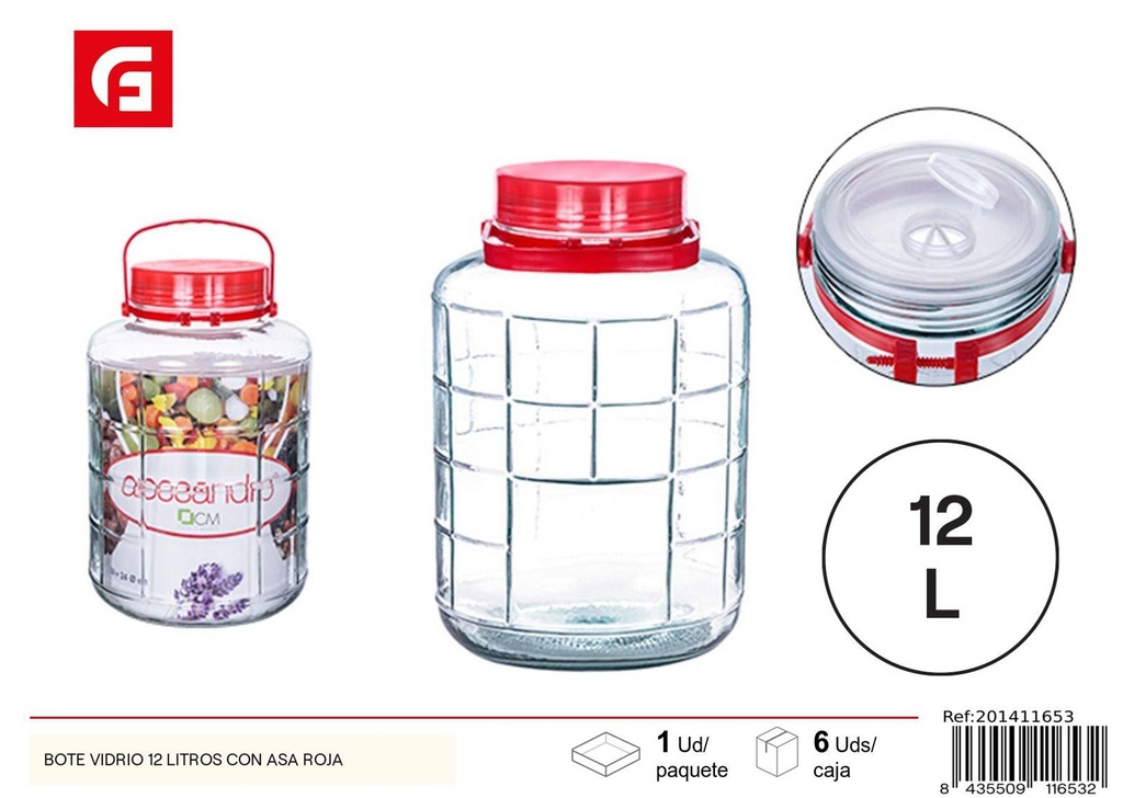 Frasco de vidrio 12 litros con asa roja - Almacenamiento de cocina
