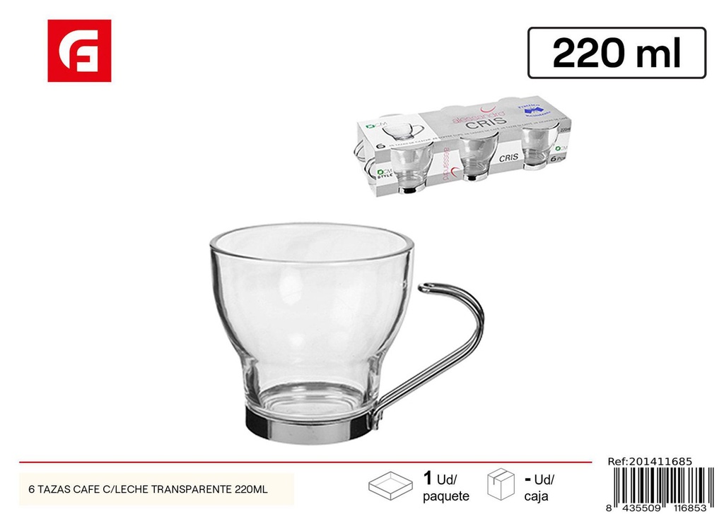 Tazas de café y leche transparentes 220ml set de 6pcs para cocina