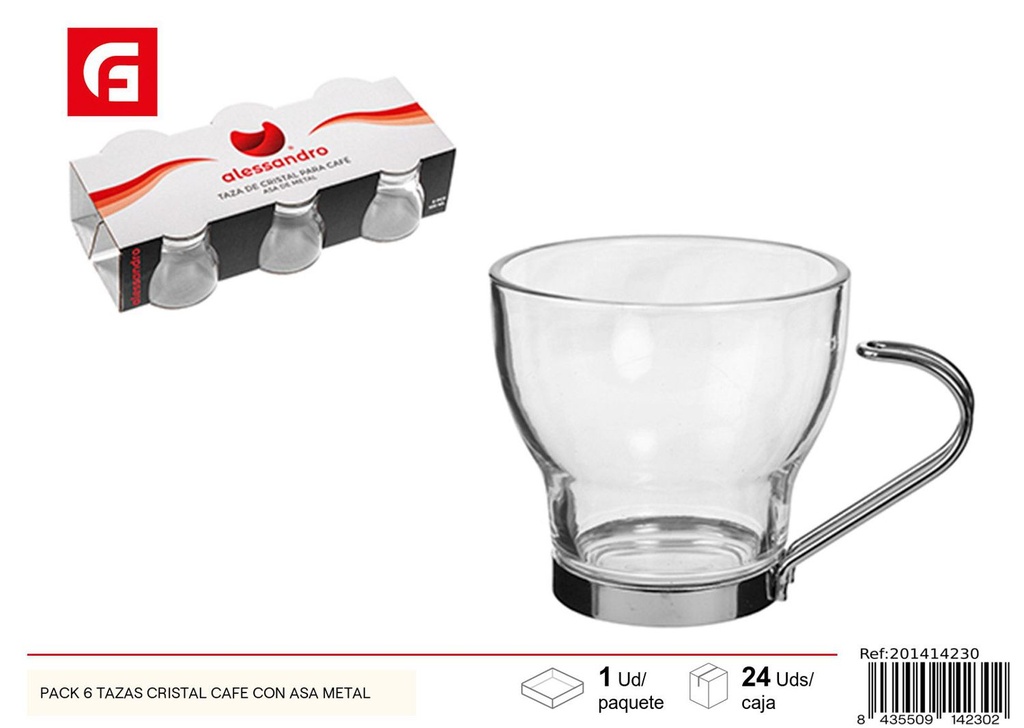 Pack 6 tazas de cristal para café con asa de metal