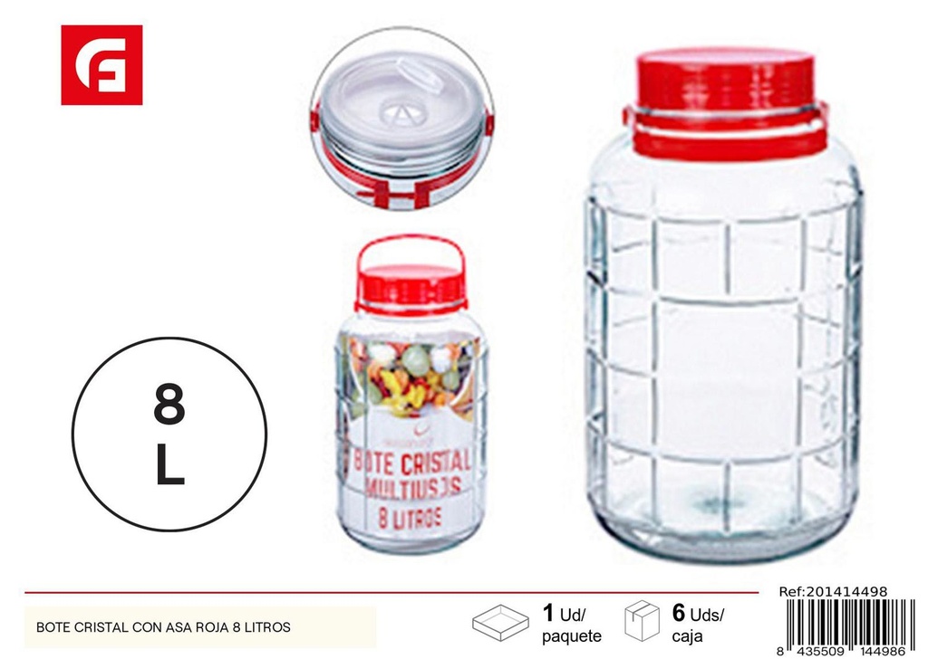 Bote de cristal con asa roja 8 litros - Artículos de cocina