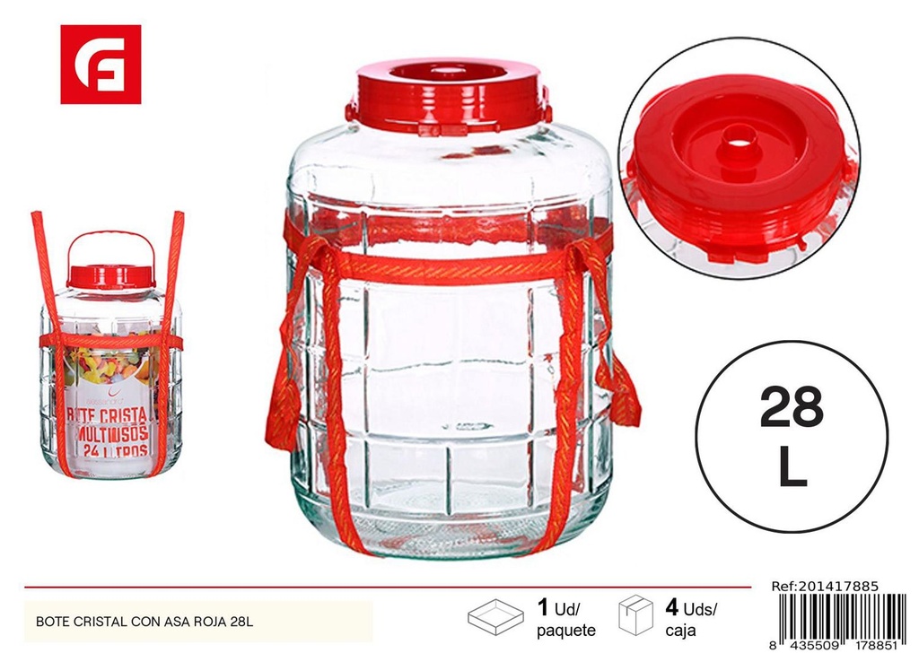 Bote de cristal con asa roja 28L para almacenamiento