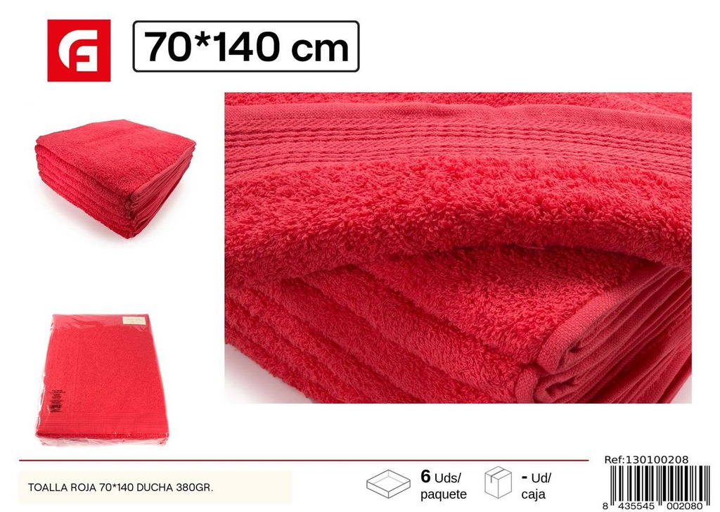 Toalla roja de ducha 70x140cm 380gr para baño