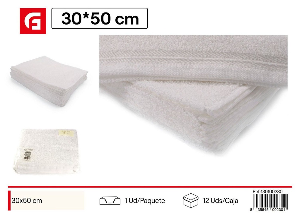 Toalla blanca de hotel 30x50cm - Textiles para baño