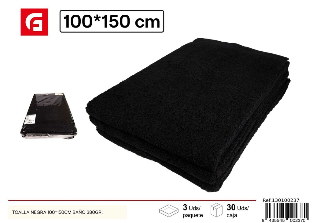 Toalla de baño negra 100x150cm 380gr para baño y spa