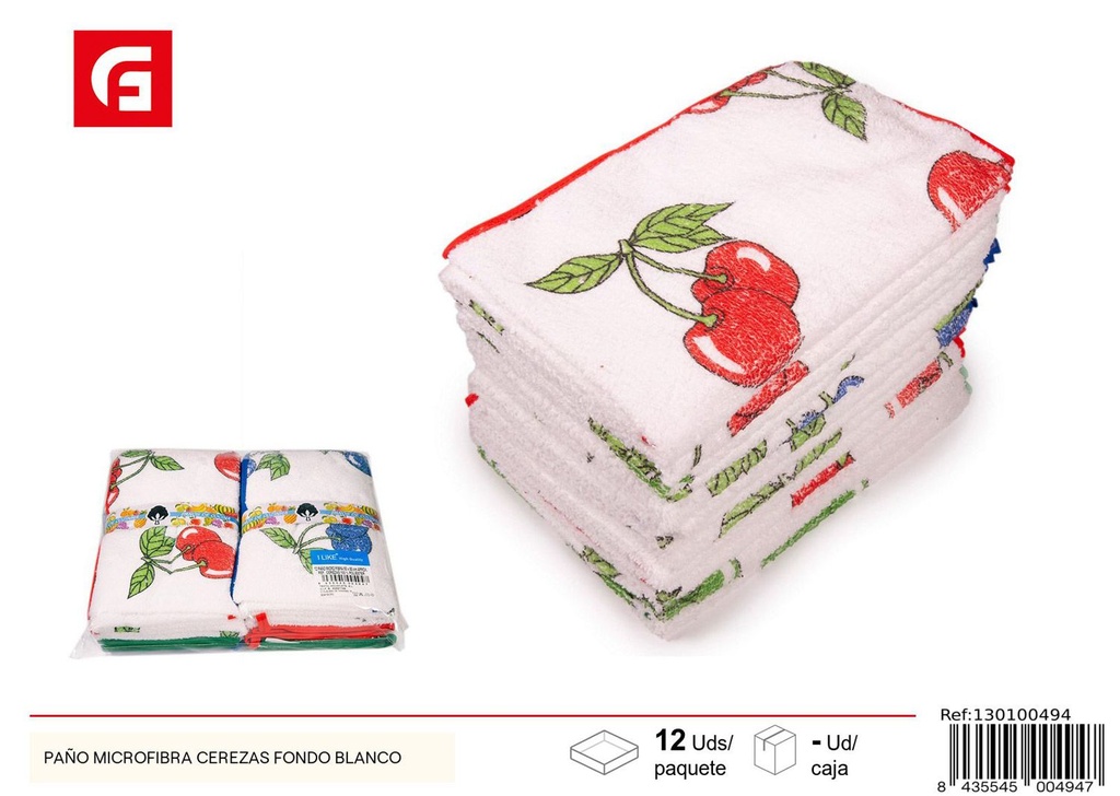 Paño de microfibra con diseño de cerezas fondo blanco para limpieza