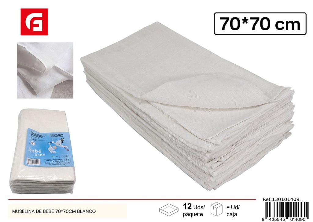 Muselina de bebé 70 x 70 cm blanco - Artículos para bebé
