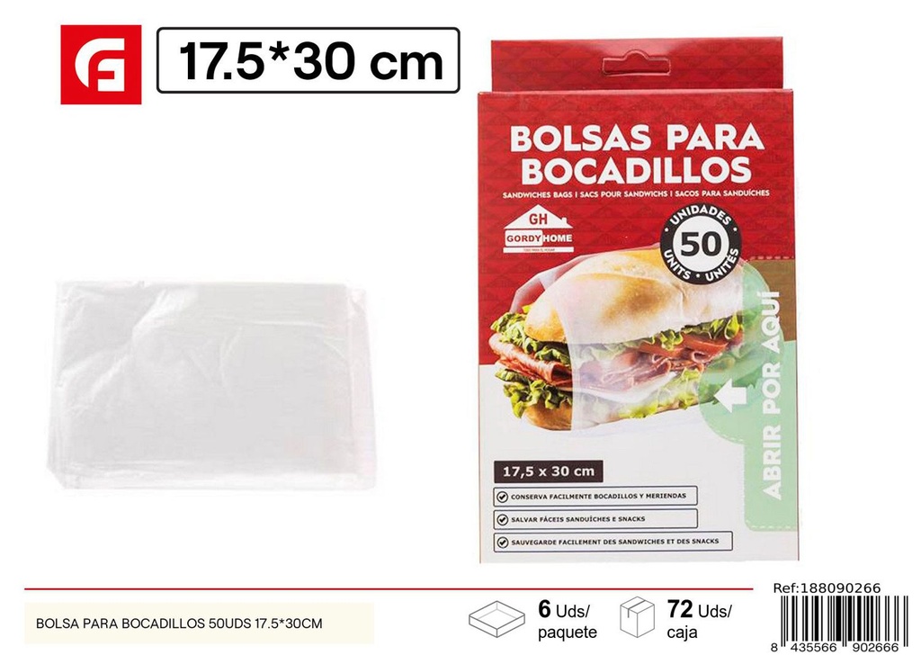 Bolsas para bocadillos 50 uds. 17.5x30 cm - Accesorios de limpieza