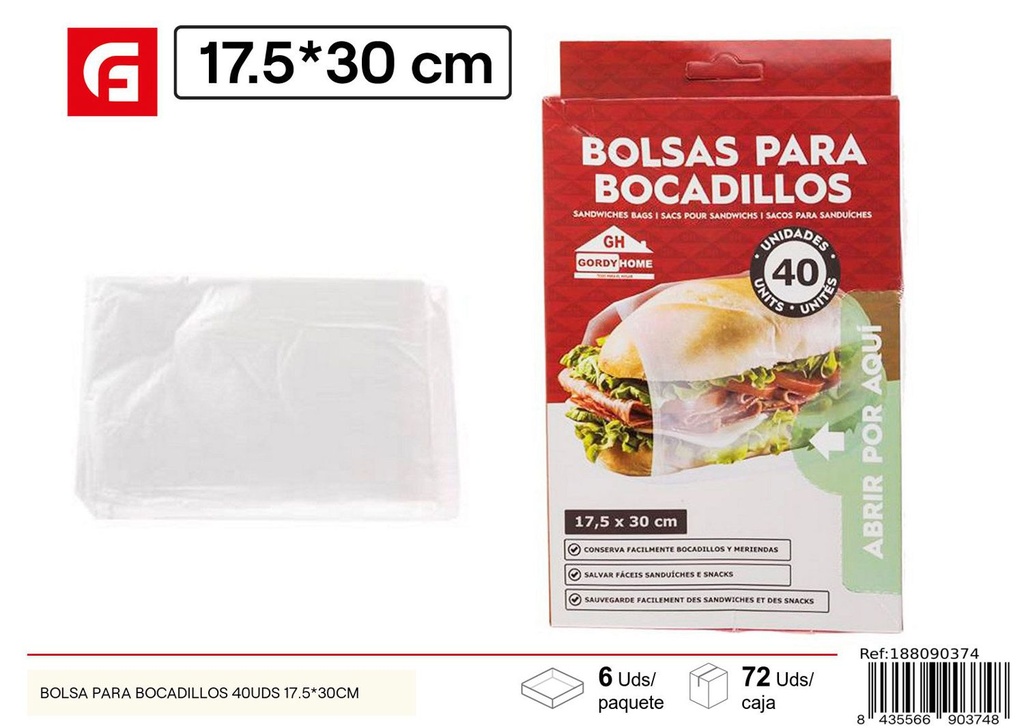 Bolsas para bocadillos 40 Uds. 17,5x30 cm - Accesorios de limpieza y cocina