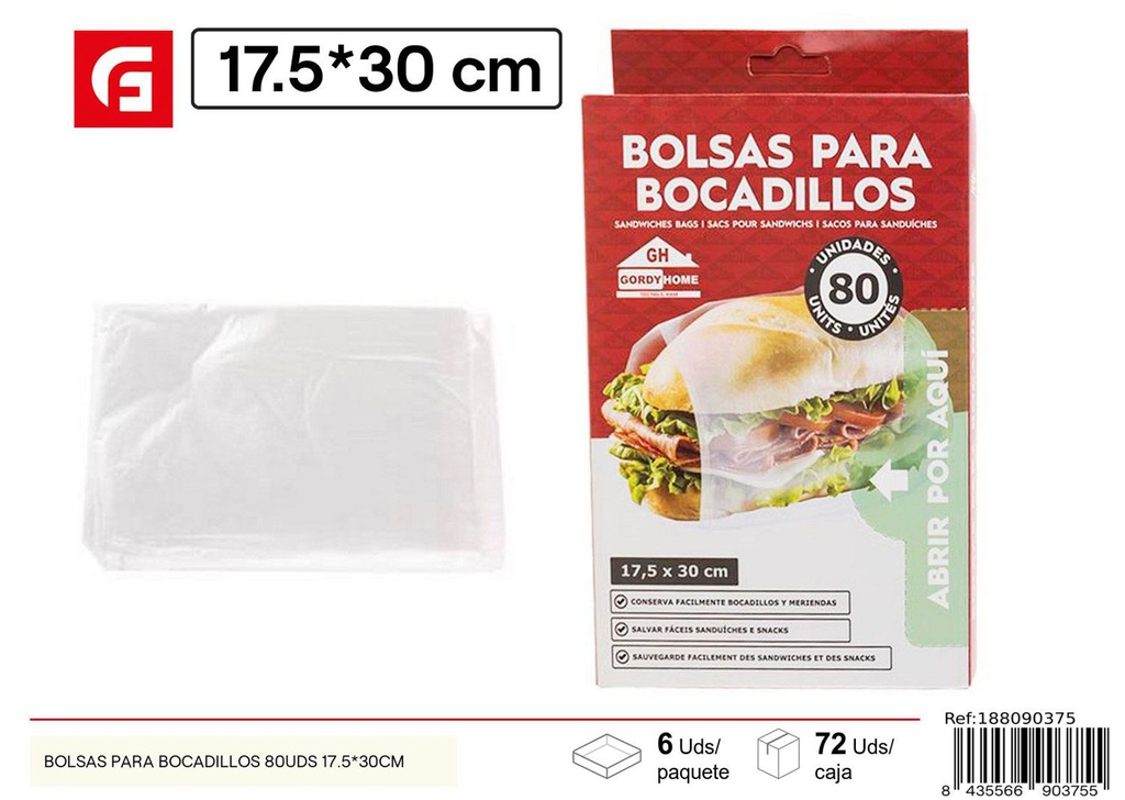 Bolsas para bocadillos 80 uds. 17.5x30 cm para alimentos