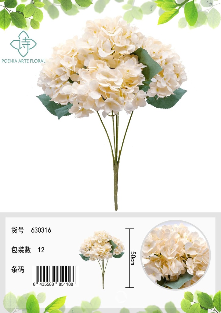 Flor artificial hortensia 5 cabezas para decoración