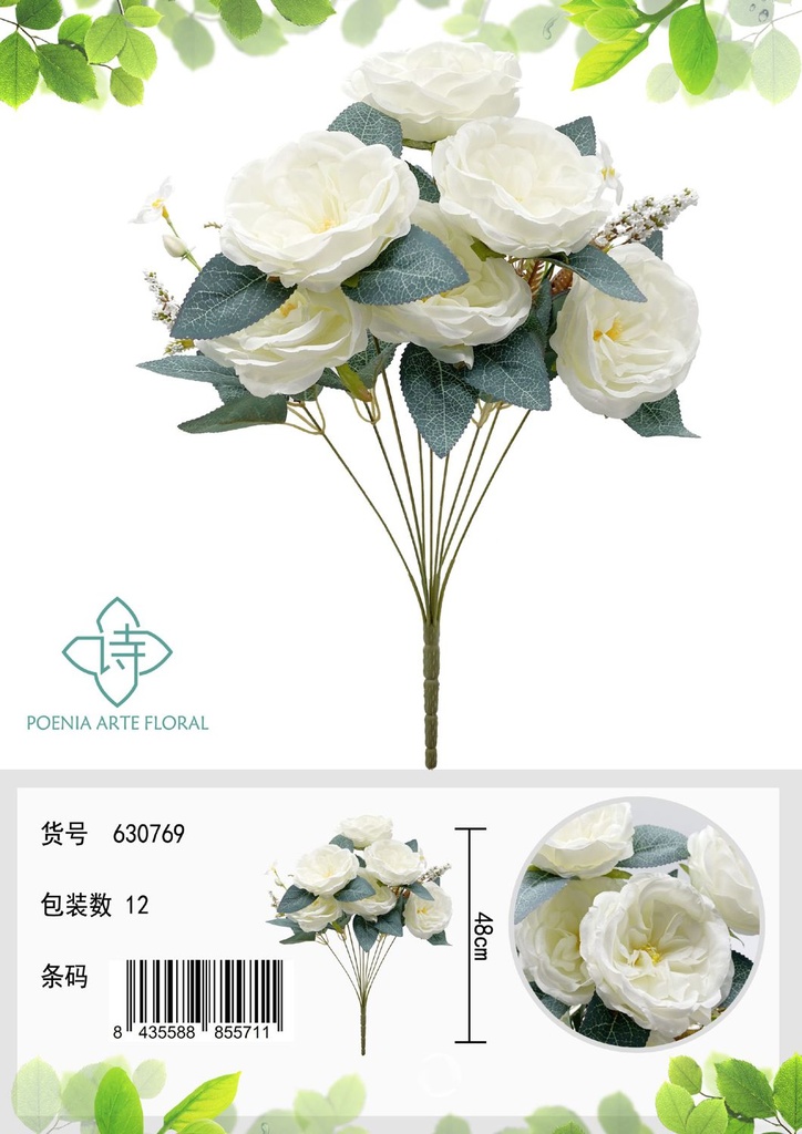 Ramo de flores artificiales de rosa 9 cabezas - Decoración floral