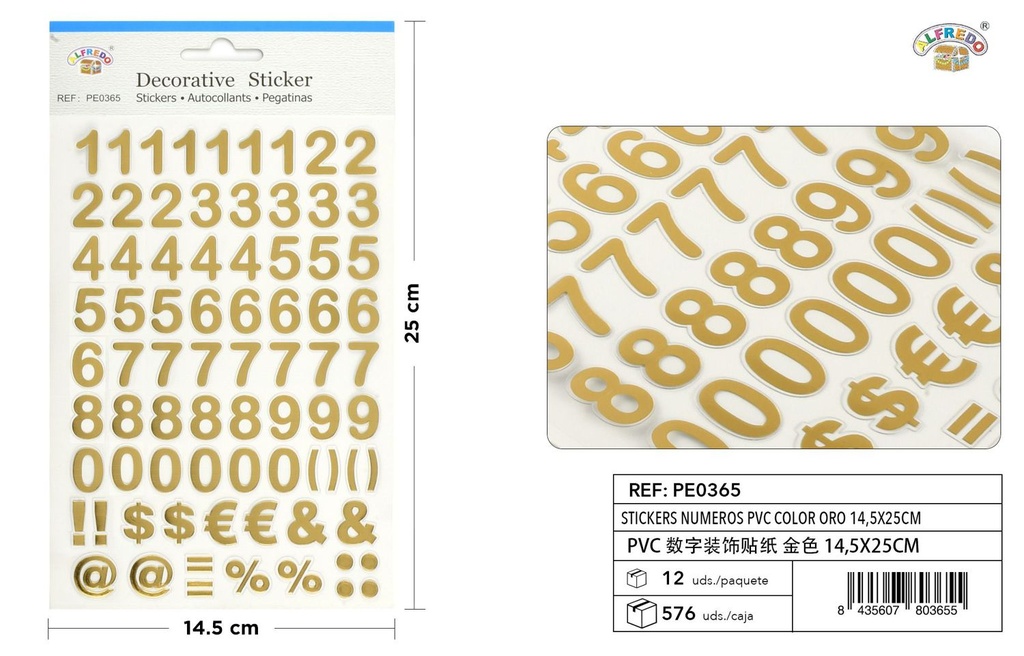 Pegatinas números y letras PVC color oro 14.5x25cm para manualidades