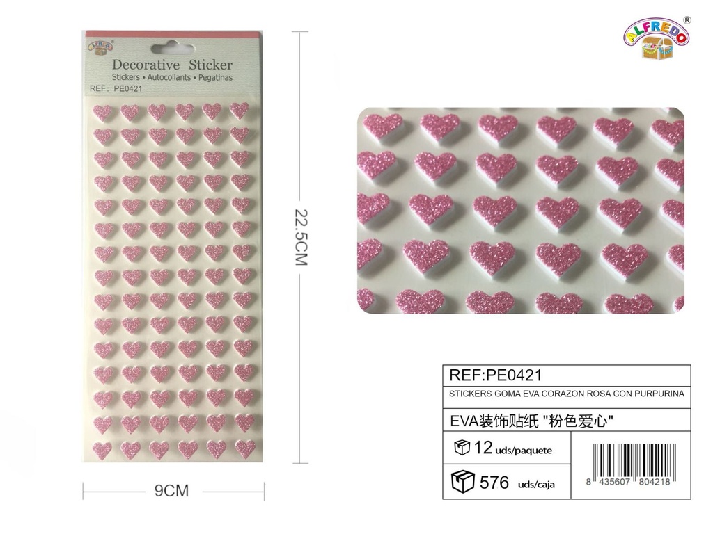 Stickers goma EVA corazón rosa purpurina 9x22.5cm para manualidades