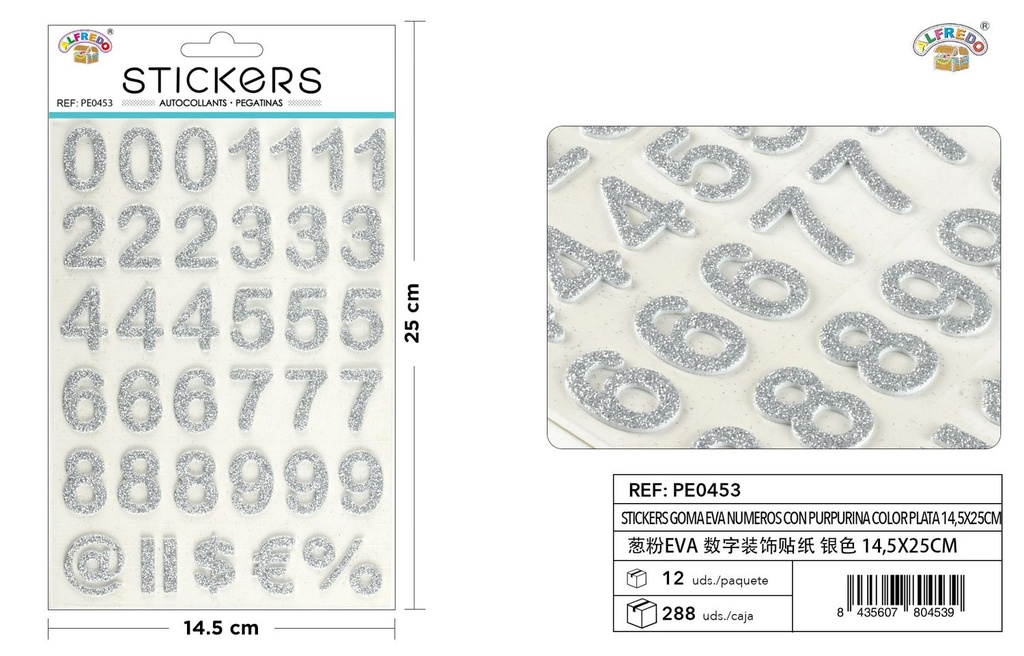 Stickers goma EVA números purpurina color plata 14,5X25CM - Pegatinas