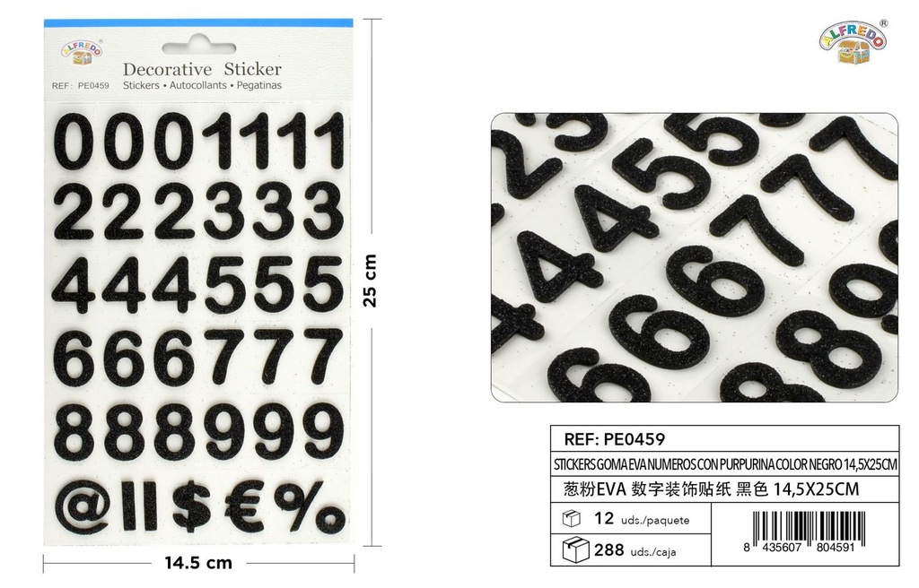 Stickers de goma EVA números purpurina color negro 14.5x25cm para manualidades