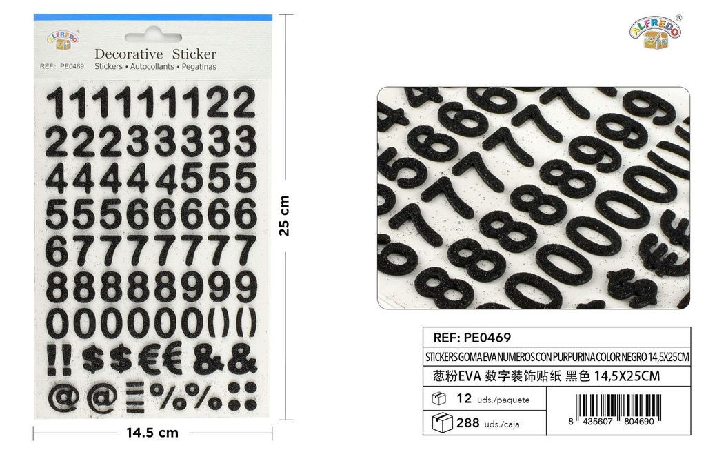 Stickers goma EVA números purpurina color negro 14.5x25cm manualidades