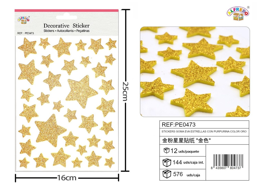 Stickers de goma EVA en forma de estrellas con purpurina dorada (16x25 cm) - Artículos de decoración 