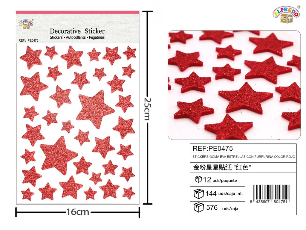 Stickers goma EVA estrellas purpurina color rojo 16x25cm para manualidades y decoraciones