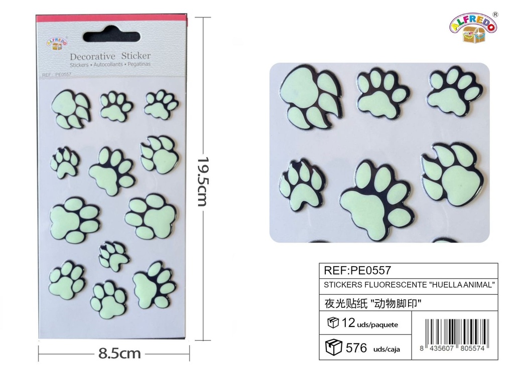 Stickers fluorescente "huella animal" 8.5x19.5 cm - Pegatinas luminosas infantiles