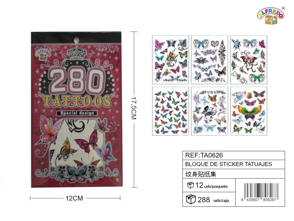 Bloque de stickers tatuajes 12x17.5cm para decoración temporal