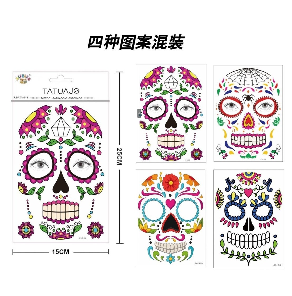 Stickers tatuajes calaveras 15x25cm para decoración temporal