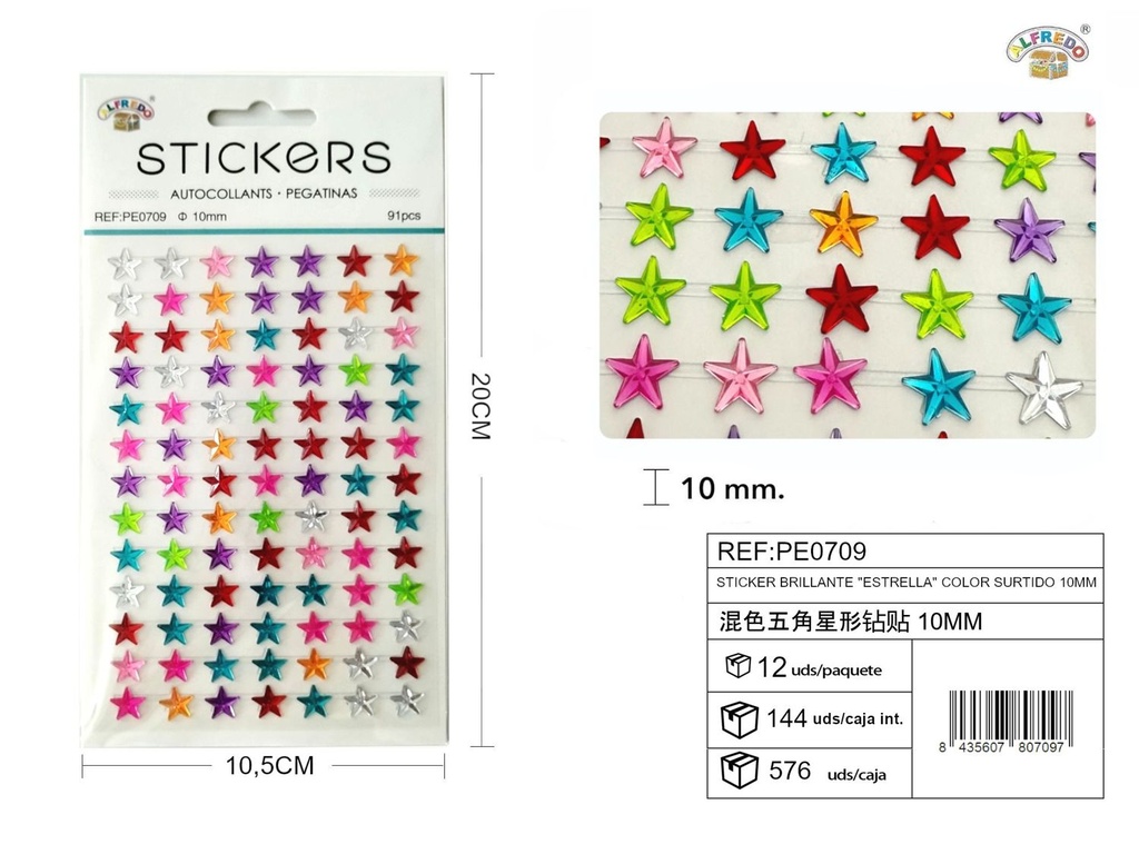 Sticker brillante "Estrella" color surtido 10mm-91pcs 10,5X20 cm - Pegatinas decorativas