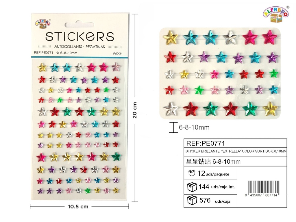 Pegatina brillante "estrella" color surtido 6, 8, 10mm 10.5x20cm para manualidades