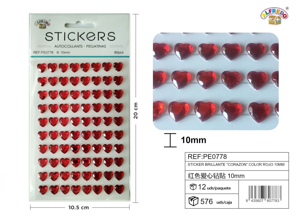 Sticker brillante "Corazón" color rojo 10mm-80pcs 10,5X20 cm - Pegatinas decorativas