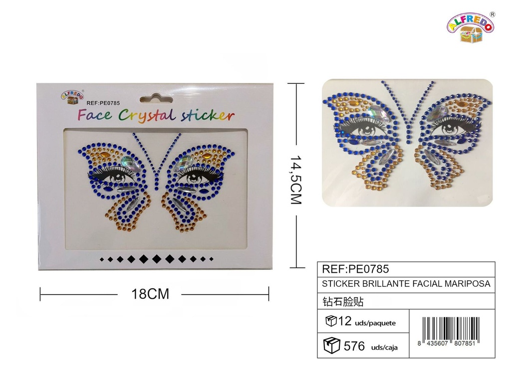 Sticker brillante facial mariposa 14.5x18cm para maquillaje