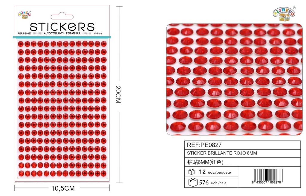 Pegatina brillante decorativa roja 6mm 10.5x20cm para manualidades