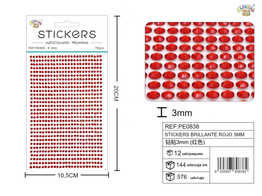 Pegatinas brillantes rojas 3 mm, 750 piezas 10 x 20 cm - Decoración