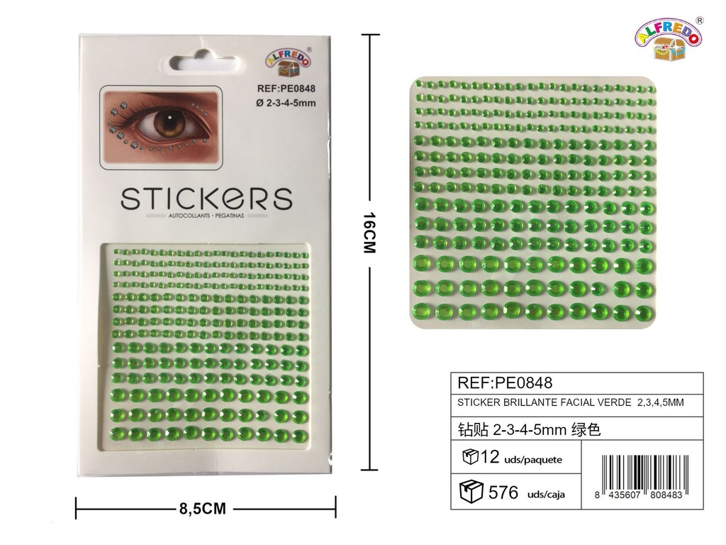 Stickers brillantes faciales verdes 2,3,4,5mm 8.5x16cm para manualidades