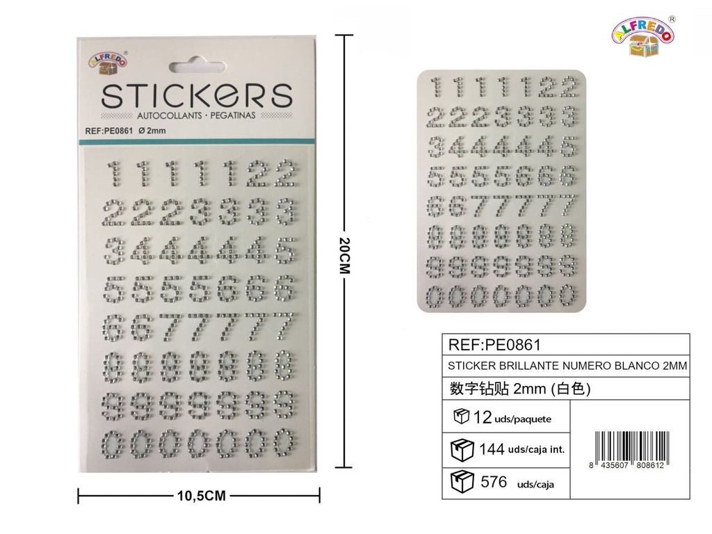 Stickers brillantes números blancos 2mm 10.5x20cm para manualidades