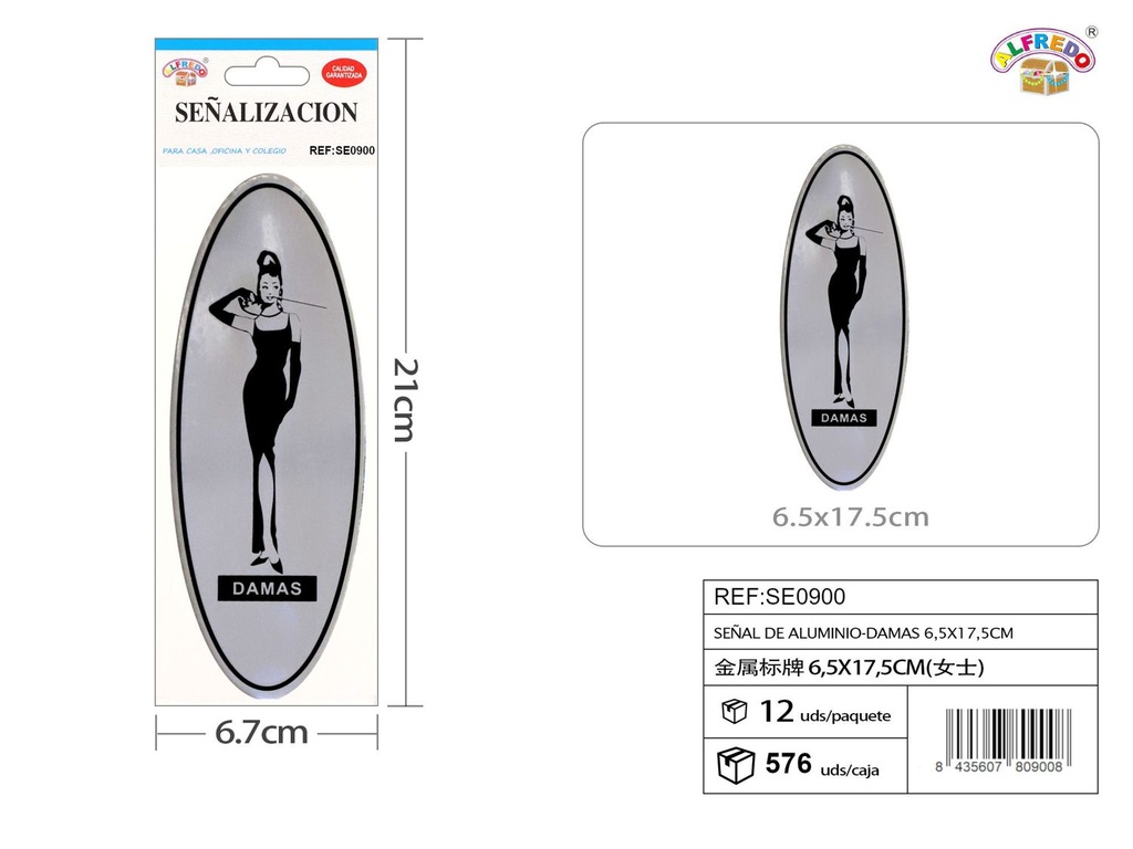 Señal de aluminio "Damas" 6.5x17.5cm para baños