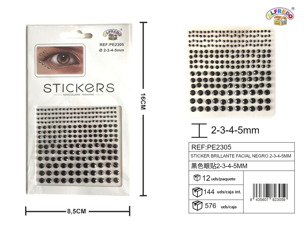 Pegatinas brillantes faciales negro 2,3,4,5mm 8.5x16cm