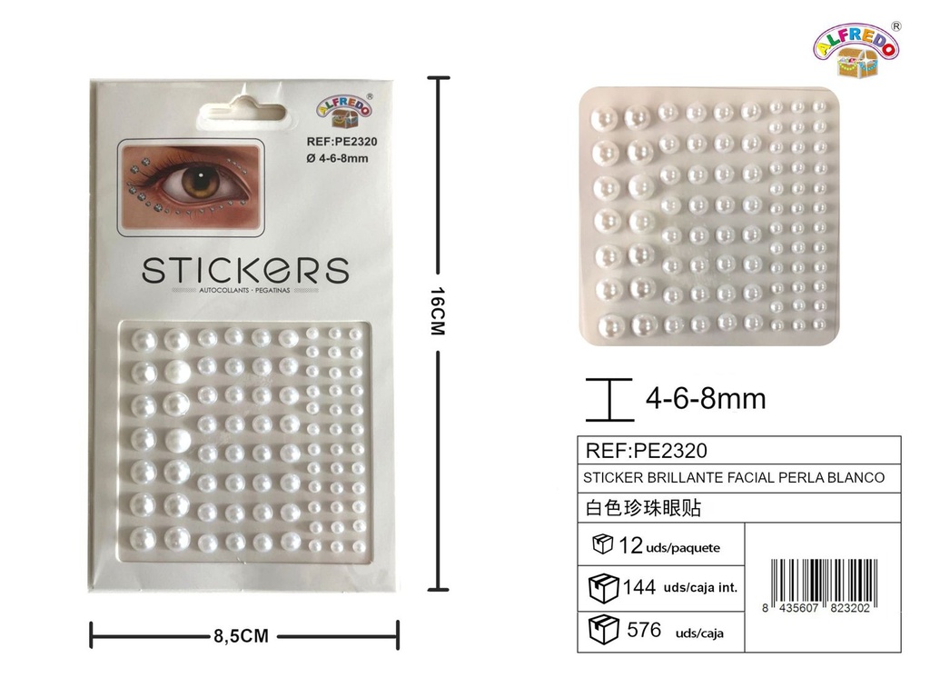 Pegatinas brillantes faciales perla blanco 4,6,8mm 8.5x16cm