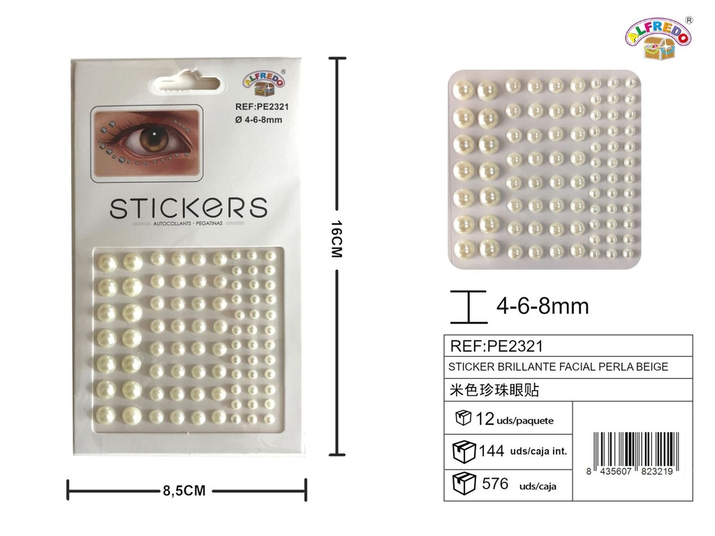 Sticker brillante facial perla beige 4,6,8mm 8.5x16cm para maquillaje