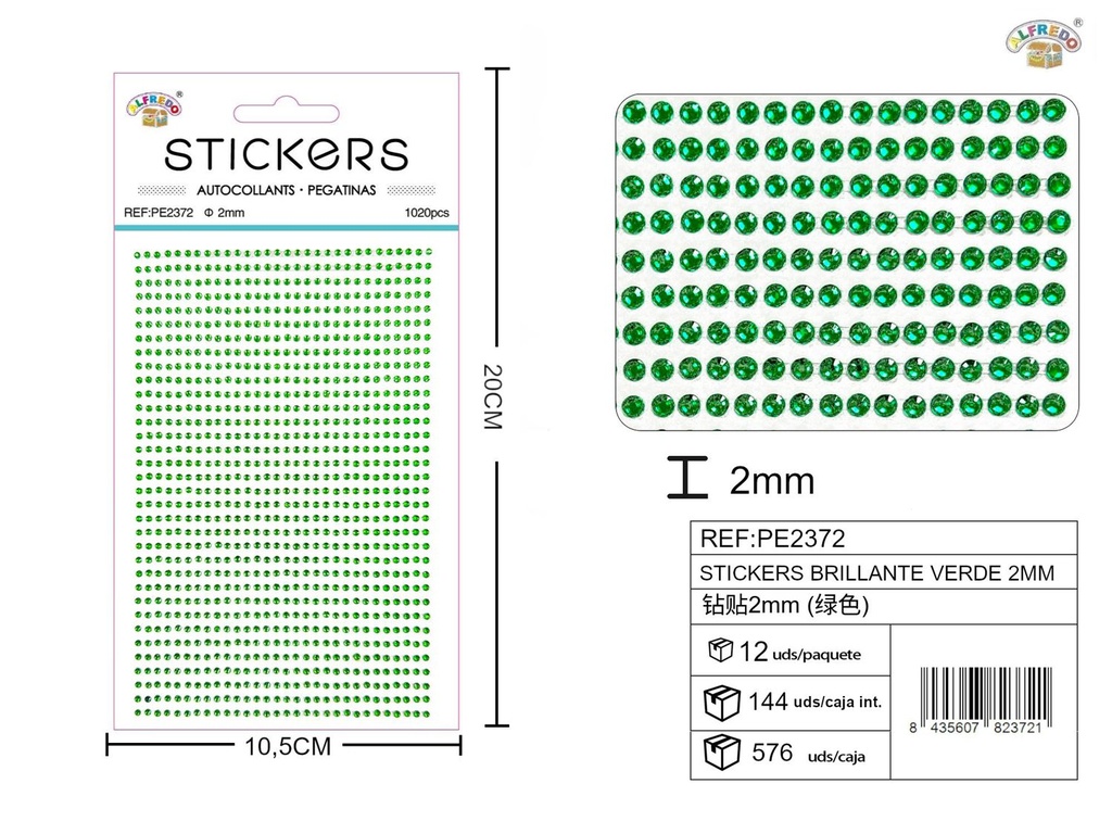 Pegatinas brillantes verdes 2 mm, 1020 piezas 10 x 20 cm - Decoración