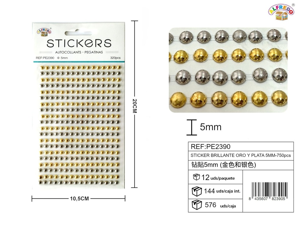 Sticker Brillante Oro y Plata 5mm-320pcs 10.5x20 cm - Adorno de diamantes y perlas