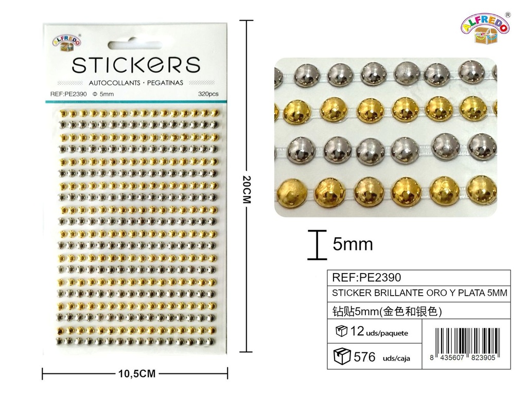 Stickers brillantes oro y plata 5mm 10.5x20cm para manualidades