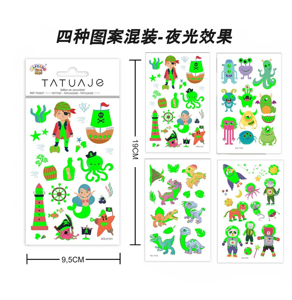 Stickers Tatuajes Fluorescentes 9.5x19 cm - Adhesivos infantiles