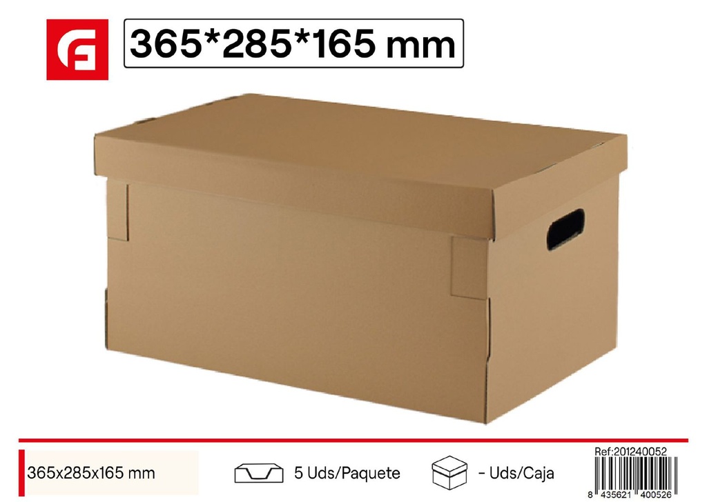 Caja de cartón con tapa 365x285x165mm para almacenamiento