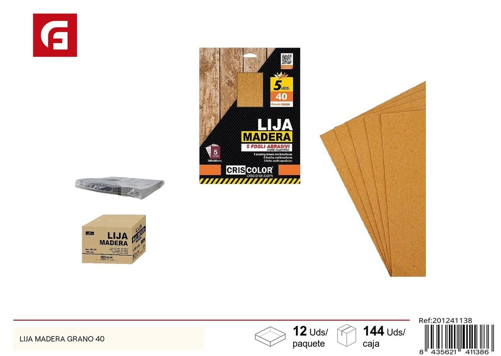 Lija madera grano 40 para carpintería