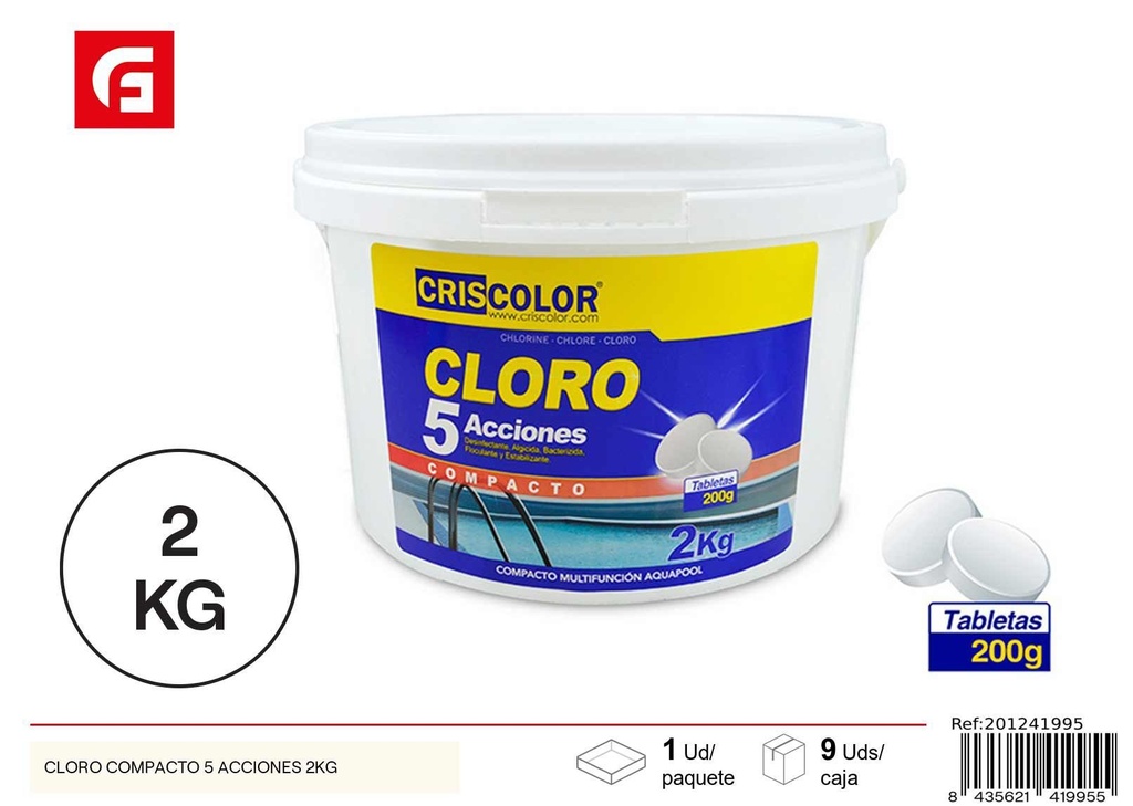 Cloro compacto 5 acciones 2kg para limpieza de piscinas